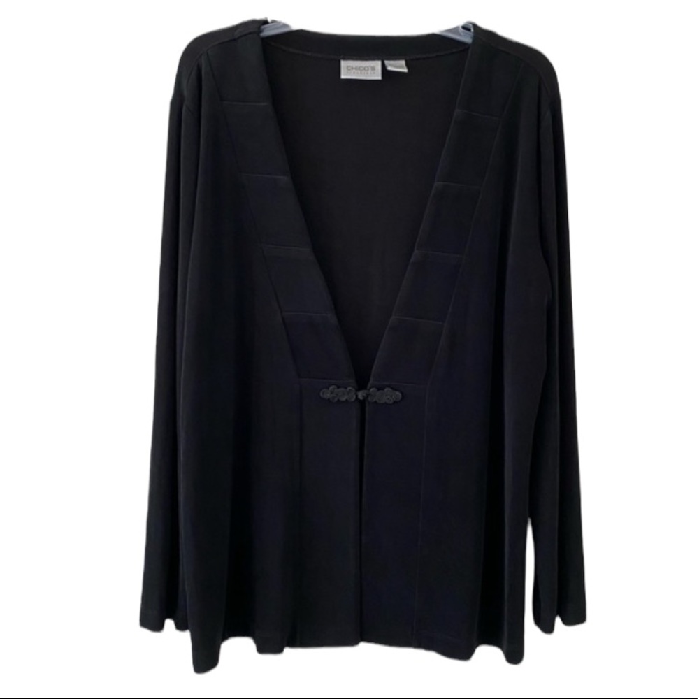 Chico’s Travelers Black Cardigan Long Sleeve Embroidered Loop Closure Sz XL